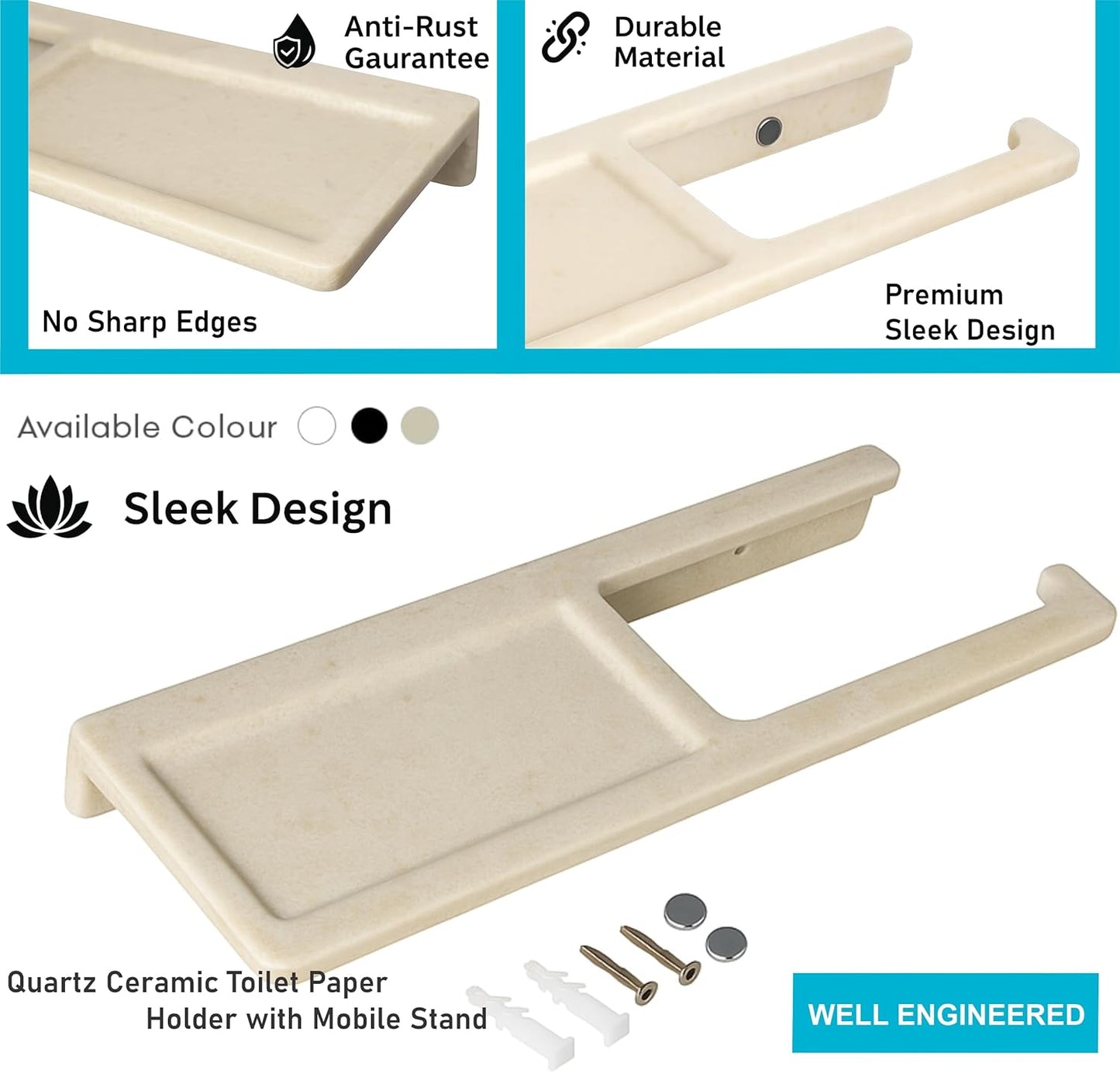 Fossa Classic Ceramic Toilet Paper Holder with Mobile Stand| No Sharp Edge, Safe for Children, Hard Water Resistant, Rust & Fade Proof, Anti-Bacterial Toilet Holder Glossy Finish (Ivory)