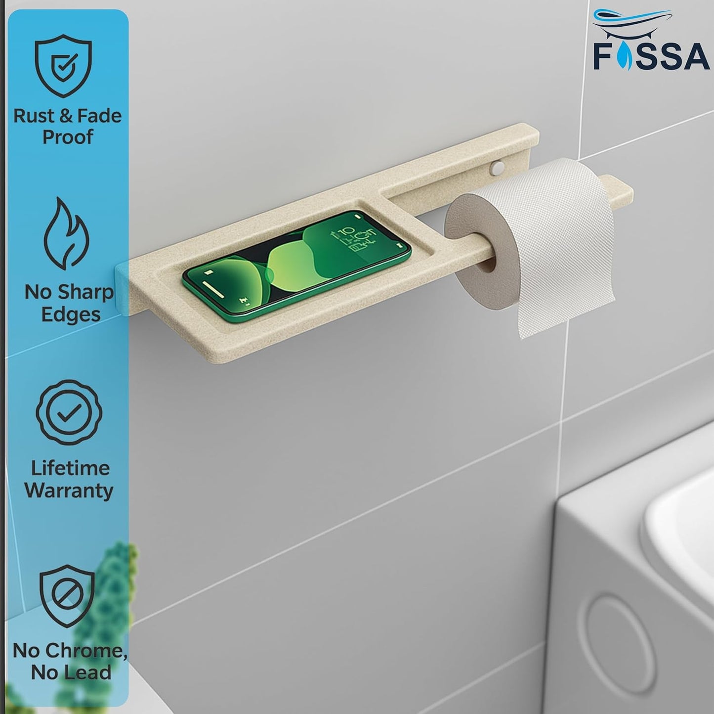 Fossa Classic Ceramic Toilet Paper Holder with Mobile Stand| No Sharp Edge, Safe for Children, Hard Water Resistant, Rust & Fade Proof, Anti-Bacterial Toilet Holder Glossy Finish (Ivory)