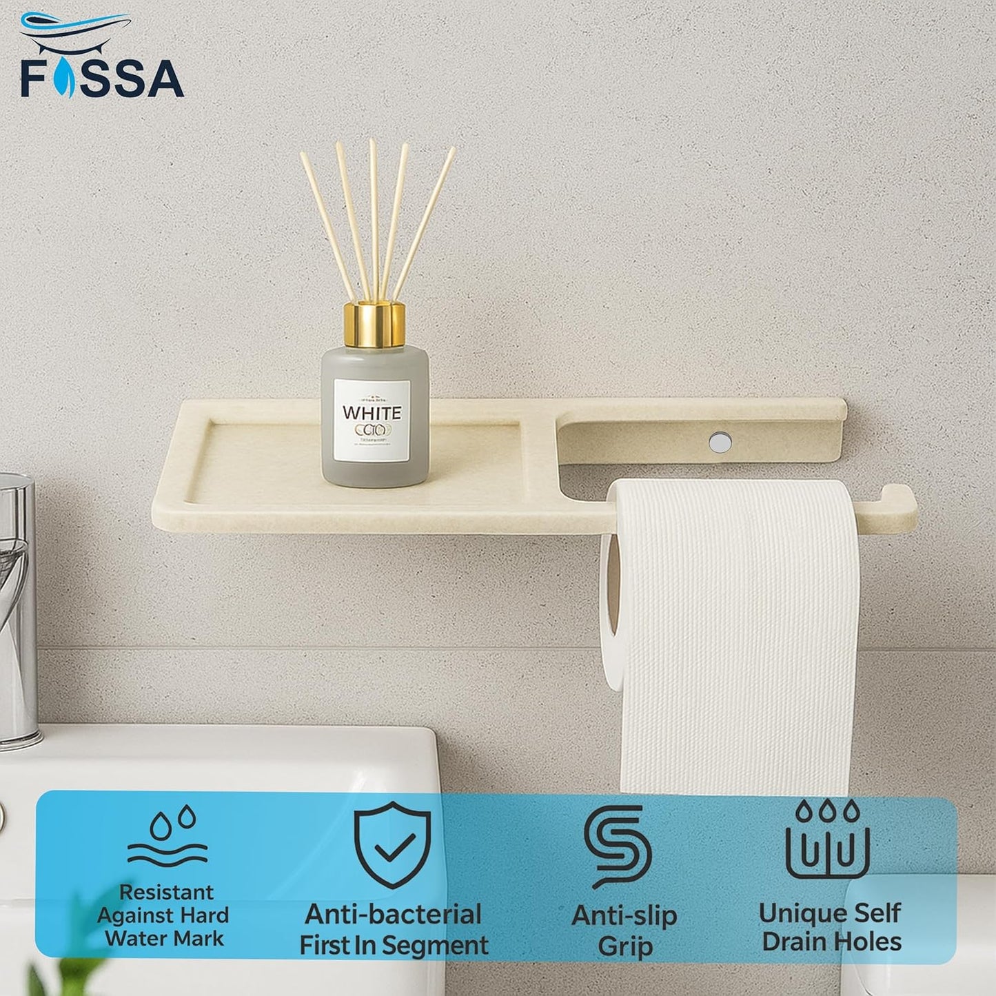 Fossa Classic Ceramic Toilet Paper Holder with Mobile Stand| No Sharp Edge, Safe for Children, Hard Water Resistant, Rust & Fade Proof, Anti-Bacterial Toilet Holder Glossy Finish (Ivory)
